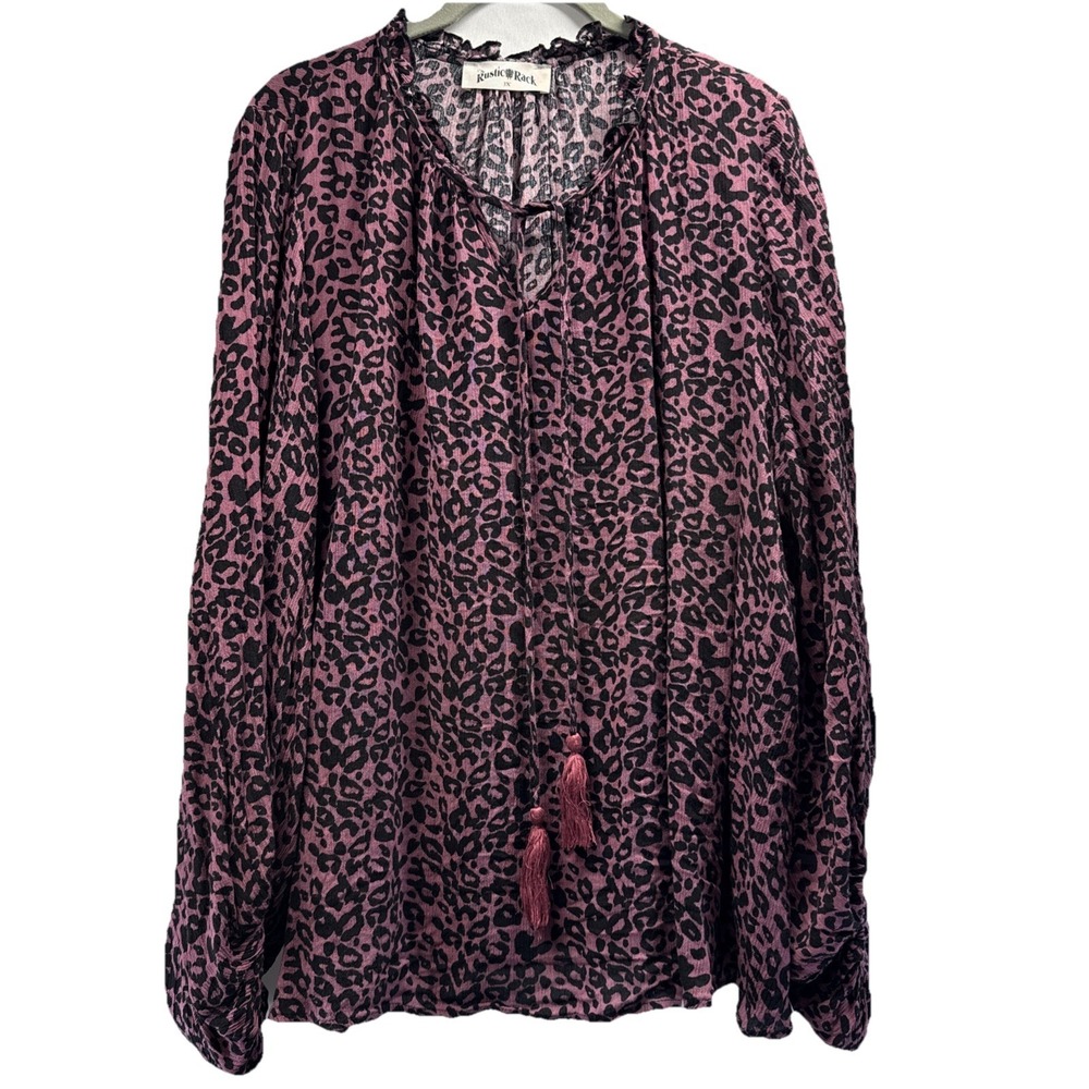 Rustic Rack Sz 1X Top Pink Black Leopard Bohemian Tasseled Long Sleeve Pullover